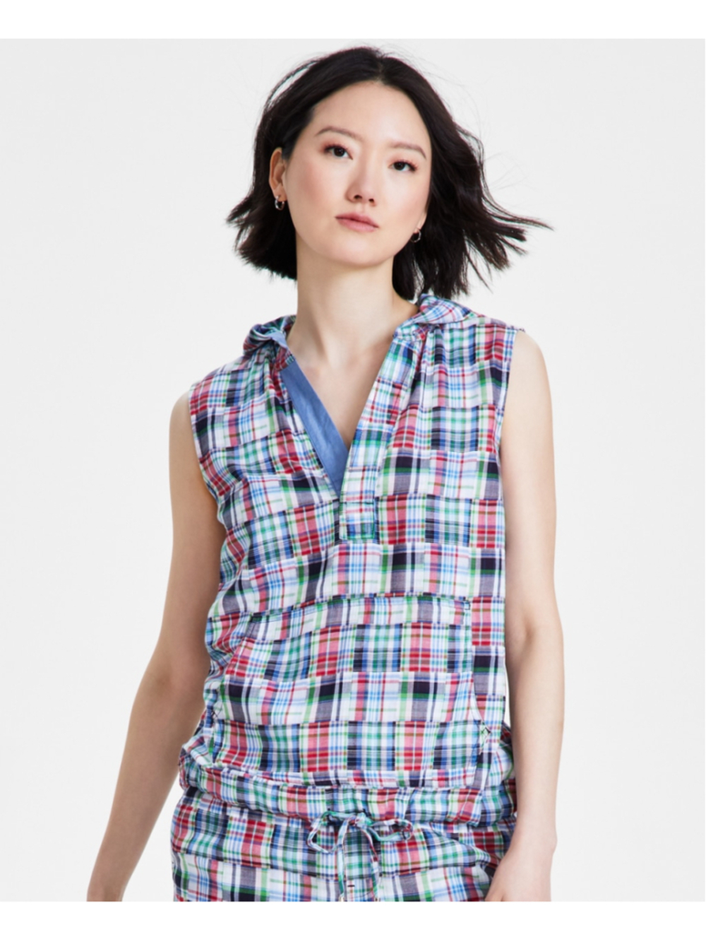 Nautica Jeans Size Extra Small Patchwork Plaid Cotton Sleeveless Hooded Top NWT